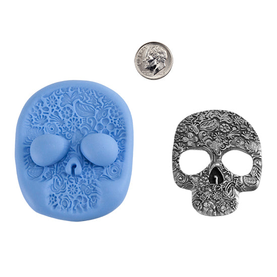 Ready Mold - Decorated Skull Blue Ready Mold, Silver Sample with Dime