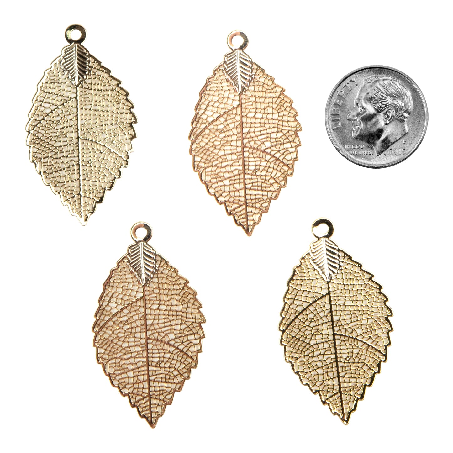 Brass Pendants - Delicate Leaf - 18k Gold Plated - Pkg/4 with dime