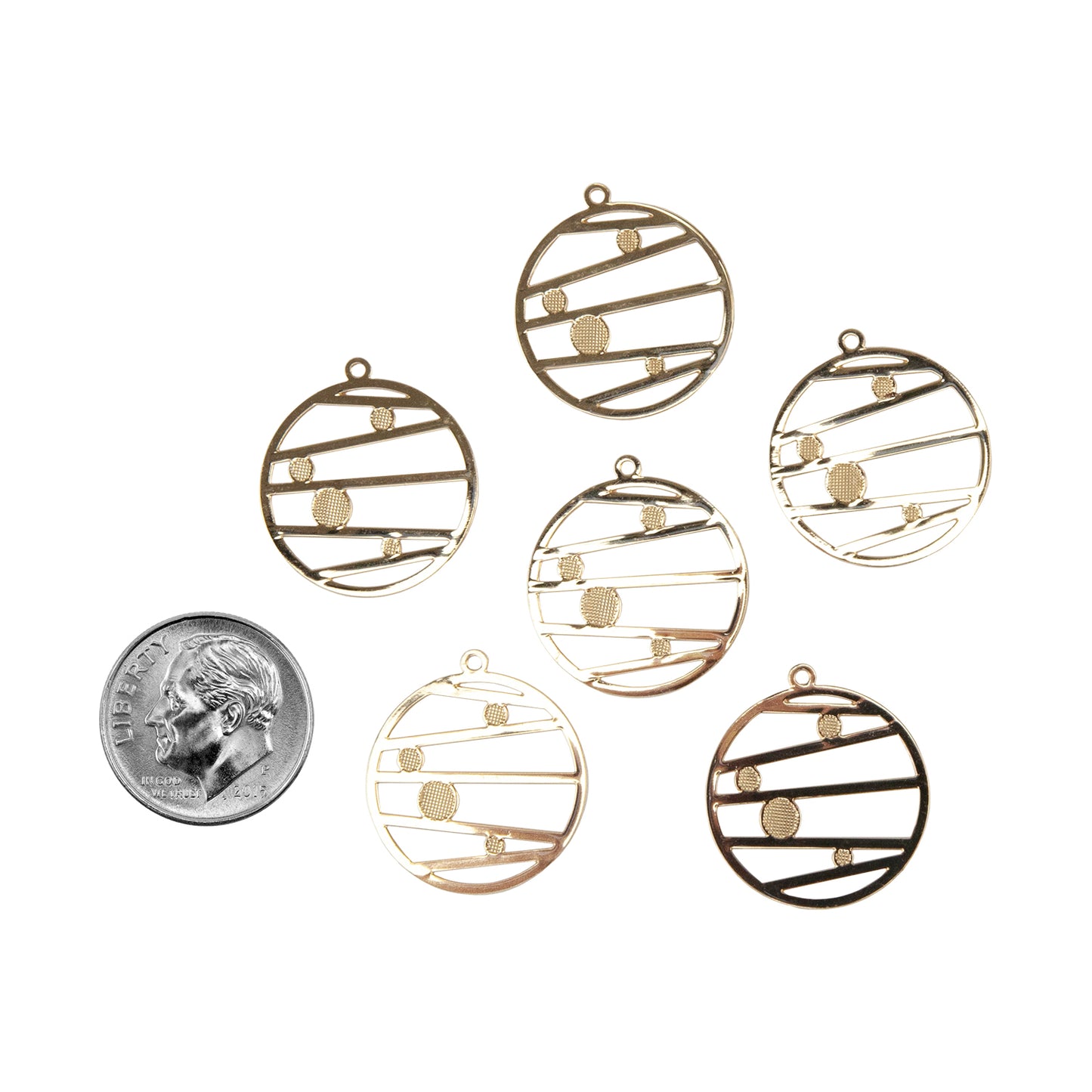 Brass Pendants - Round Planet - Pkg/6 with dime