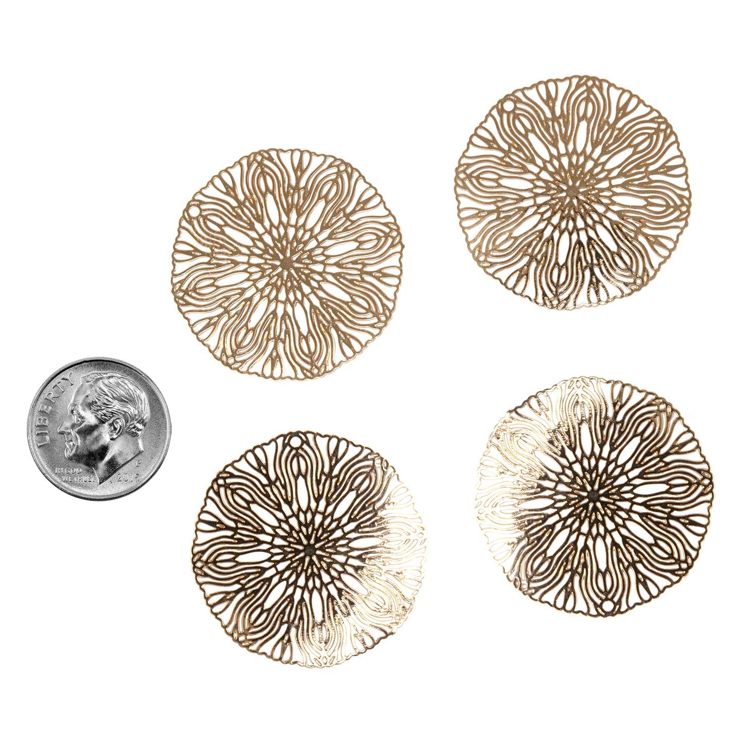 Brass Pendants - Etched Flower - Pkg/4 with dime
