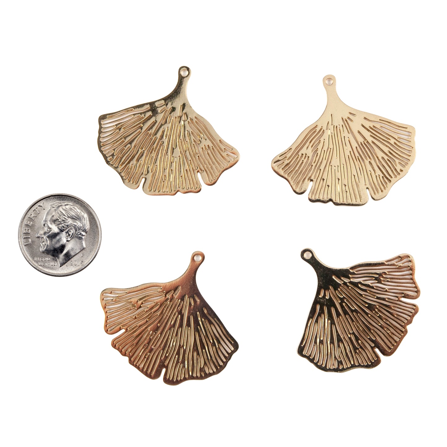 Brass Pendants - Ginkgo Leaf - Pkg/4 with dime