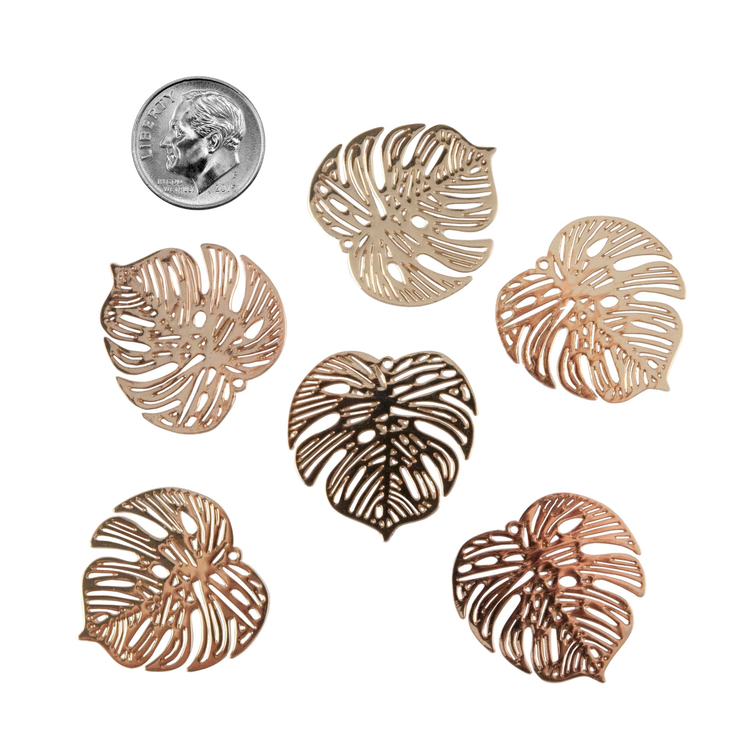 Brass Pendants - Etched Monstera Leaf Gold Plated - Pkg/6 with dime