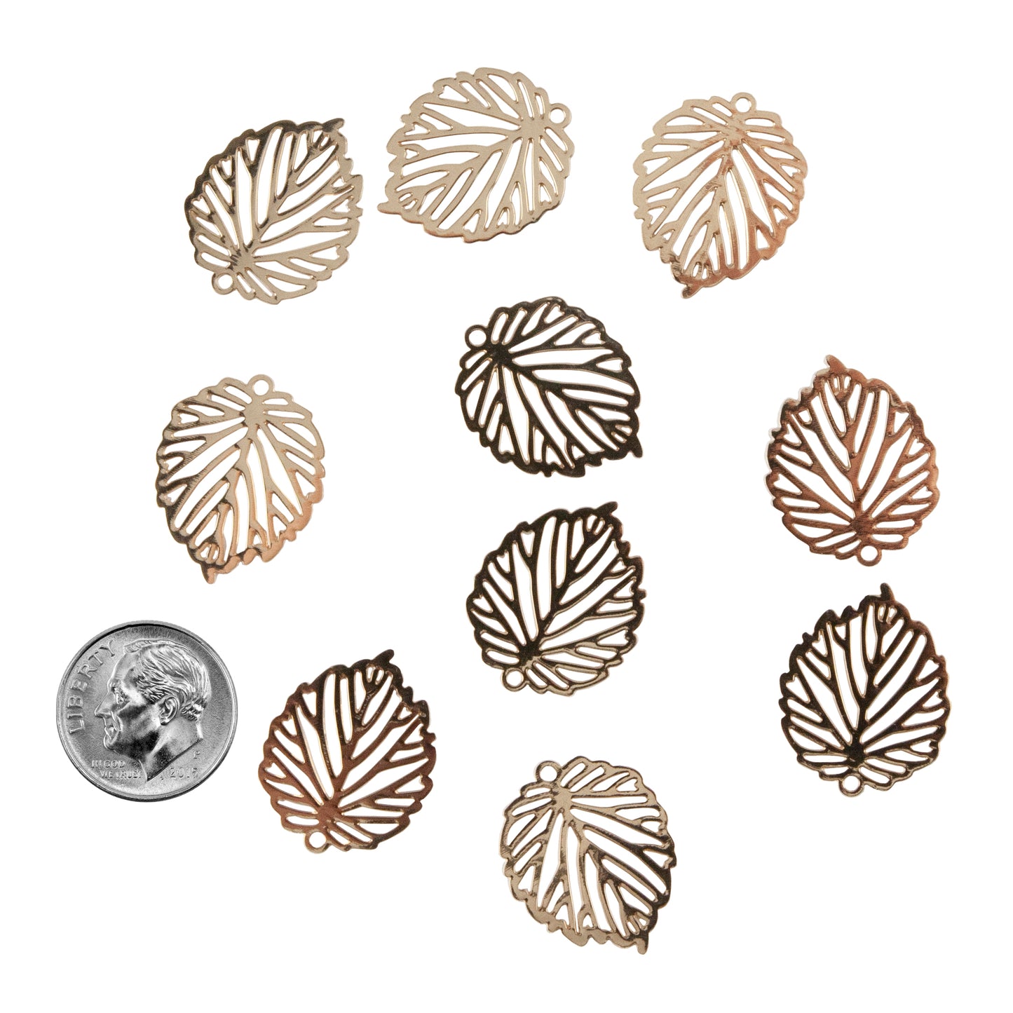 Brass Pendants - Etched Leaf Gold Plated - Pkg/10 with dime