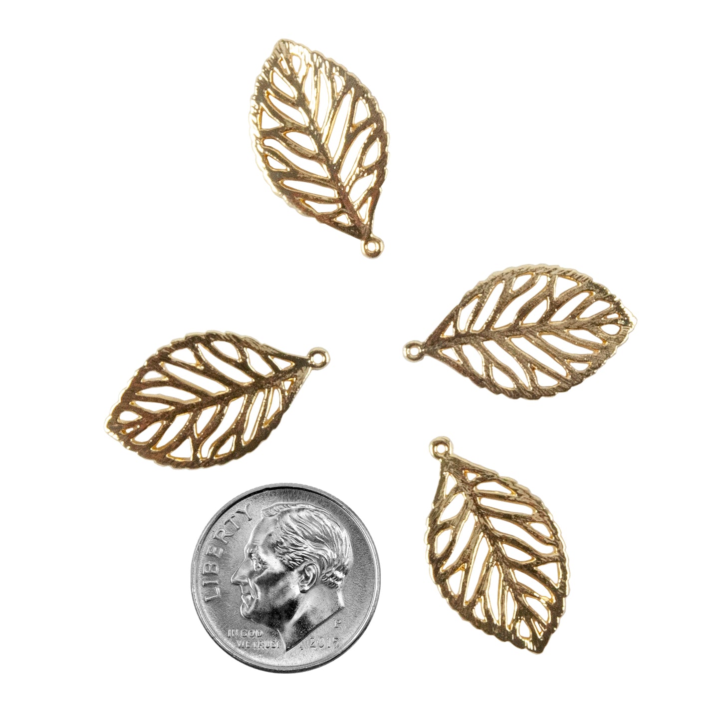 Brass Pendants - Leaf 18k Gold Plated - Pkg/4 with dime