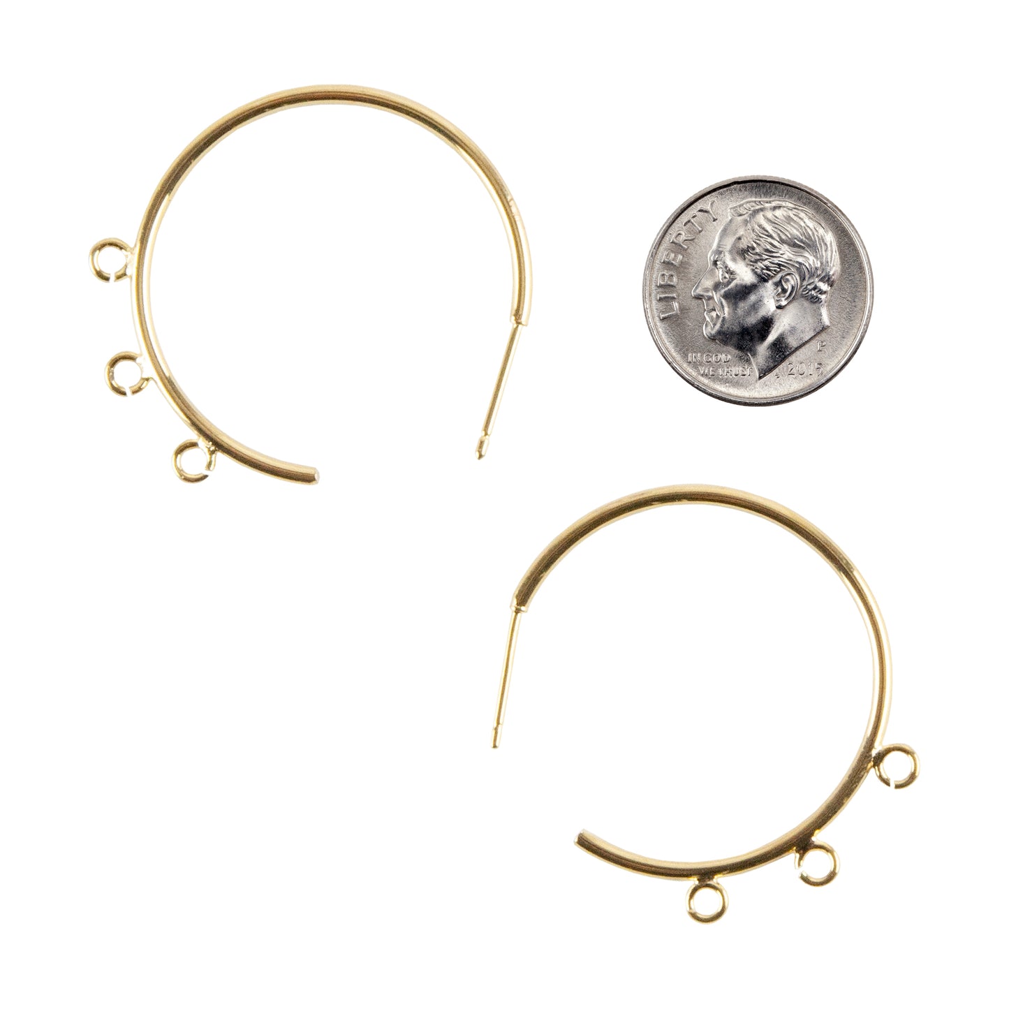 Brass Stud Half Hoop with Loops - 18k Gold Plated - Pkg/2 with dime