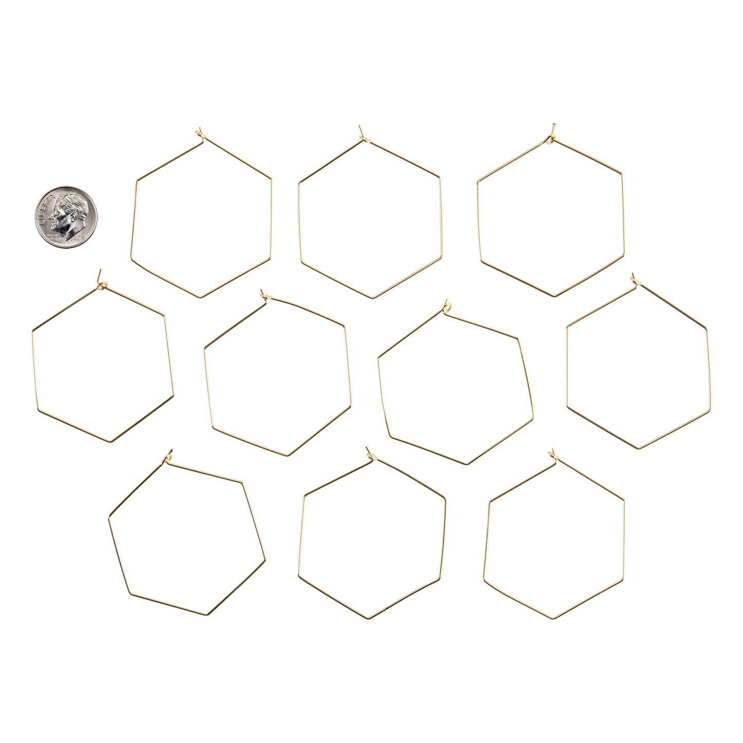 Brass Earring Hook Pendant - Hexagon - 18k Gold Plated - Pkg/10 with dime