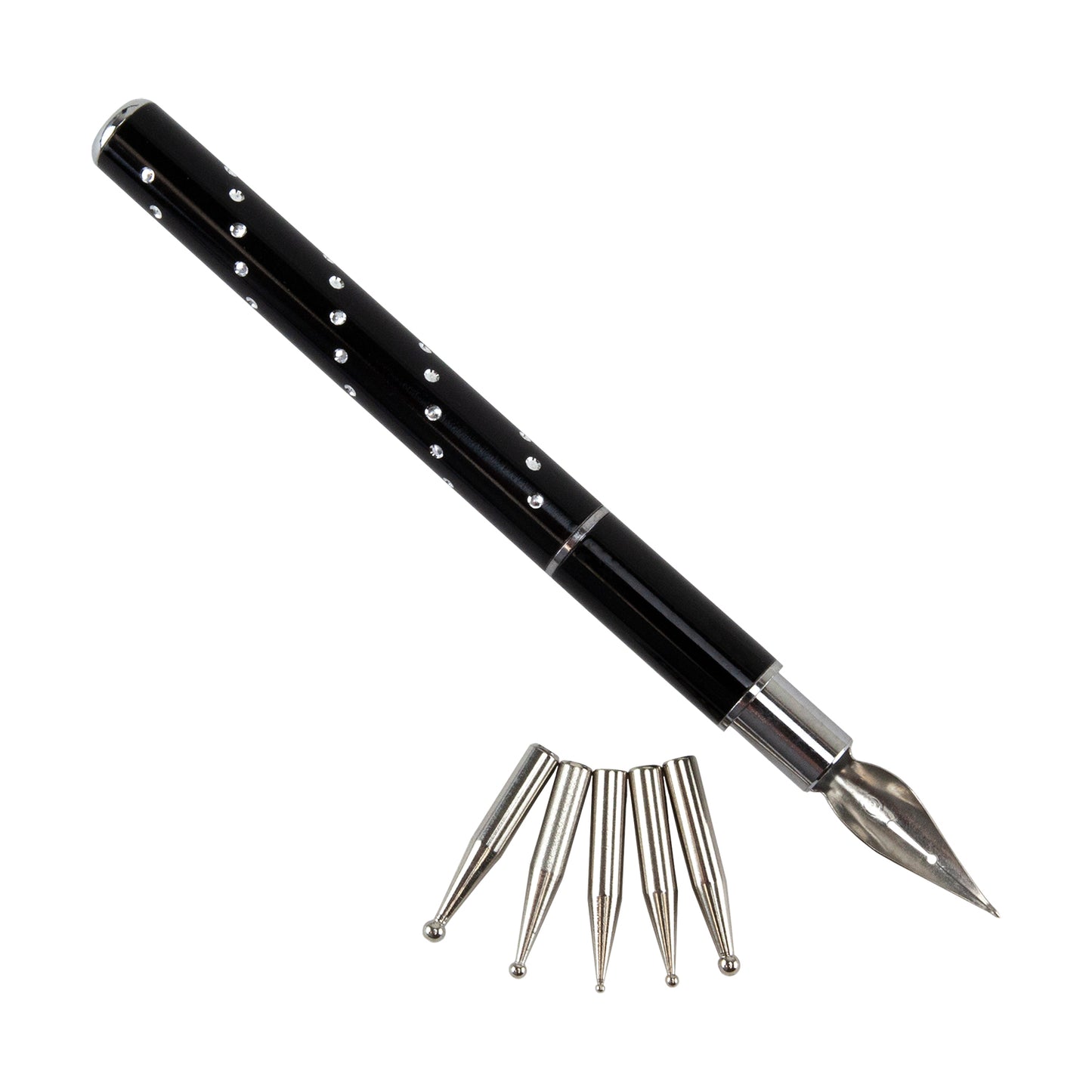 Combination Dip Pen and Ball Tip Pen
Two tools in one. Interchangeable tips turn this hand tool from a dip pen to a ball tip tool. You can enamel, draw, write, or carve with the dip pen or use the ball tips to shape and carve out a design. Use as a ball burnisher too! This tool comes with one dip pen end and 5 different sized ball tips. 