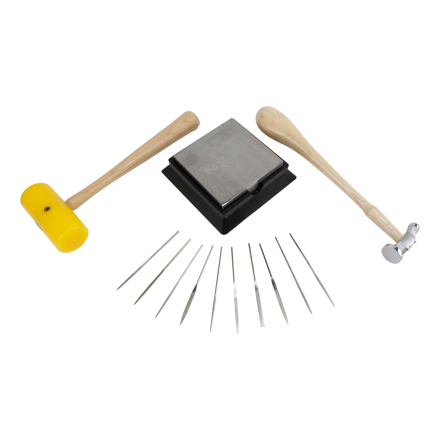 Metalsmith's Bundle
What's included:
Fine Diamond Needle Files - Set of 10
German Style Chasing Hammer
Plastic Mallet
Steel & Rubber Bench Block - 4"