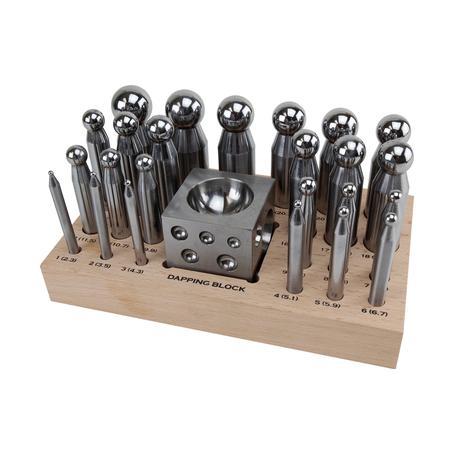 Dapping Set - Deluxe - 24 Piece with Block
This deluxe dapping set includes 24 hardened steel punches, 2" dapping block and a wooden stand.
To use the block and punches; place your annealed blank or sheet of metal over the largest section to start, then using the matching punch strike with good force, repeat a few times. You'll need to anneal after a few strikes and work down the sizes until you reach your desired size.