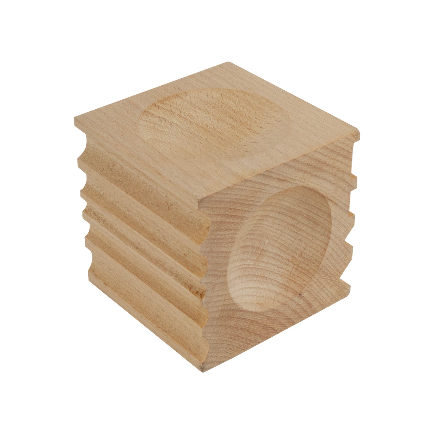 Dapping & Swaging Block - Hardwood
Four round diameters measuring at 2-1/4", 2-1/8", 1-7/8" and 1-3/4", five "U" channels, two 90 degree channels, and two 45 degree grooves.