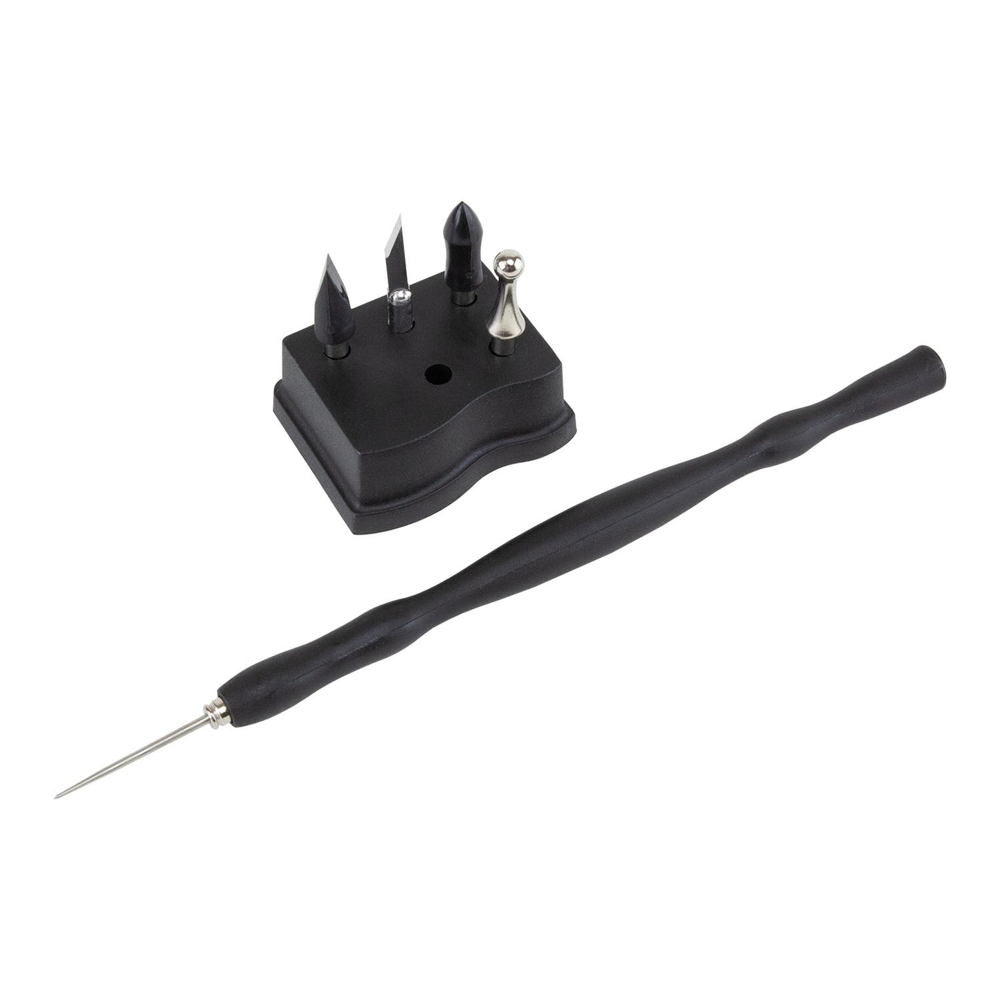 Sculpey Tools™ 5 in 1 Clay Tool Set
The Sculpey Tools 5-in-1 Clay Tool features a unique magnetic design to make switching tool heads quick and easy. It includes five interchangeable heads for every detailing, smoothing, and shaping need, including a blade, a cone tip shaper, a chisel tip shaper, a ball end, and a needle tool. A storage block makes keeping your heads organized easy and within reach.