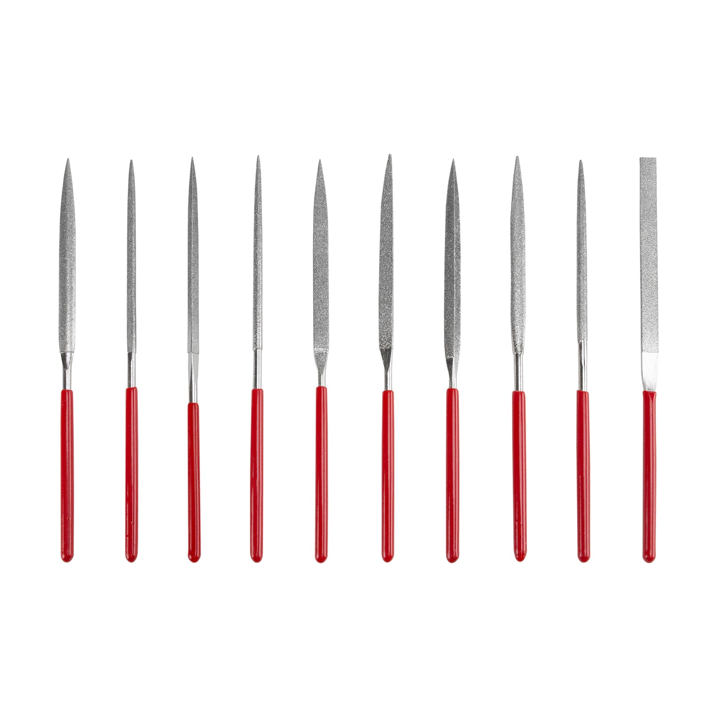 Diamond Needle File Set
Each economy diamond needle file is 5.5" long with medium grit diamond electroplated onto high-grade steel. Set includes: round, half-round, flat, three-square, square, warding, slitting, oval, knife, and barrette.