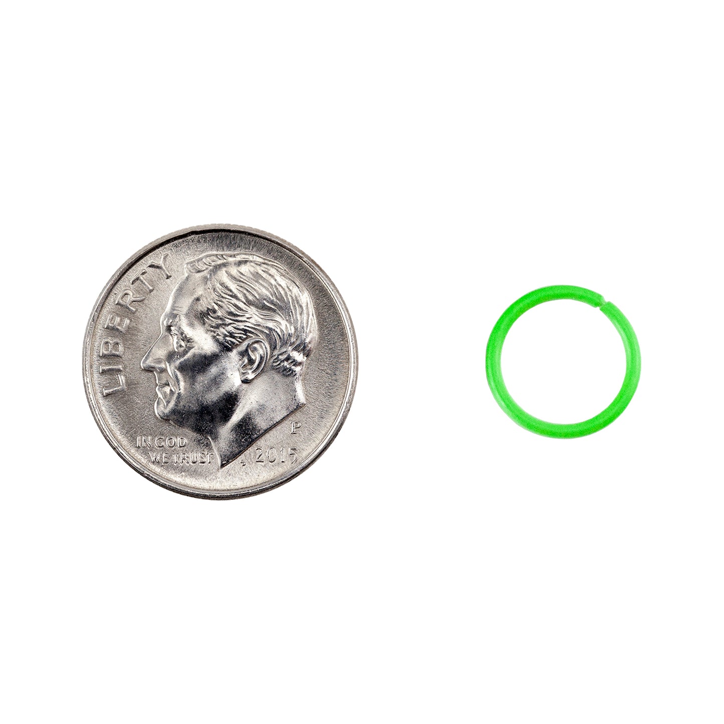 Colored Open Jump Rings - Lawn Green - Round 10mm 18 gauge - with dime