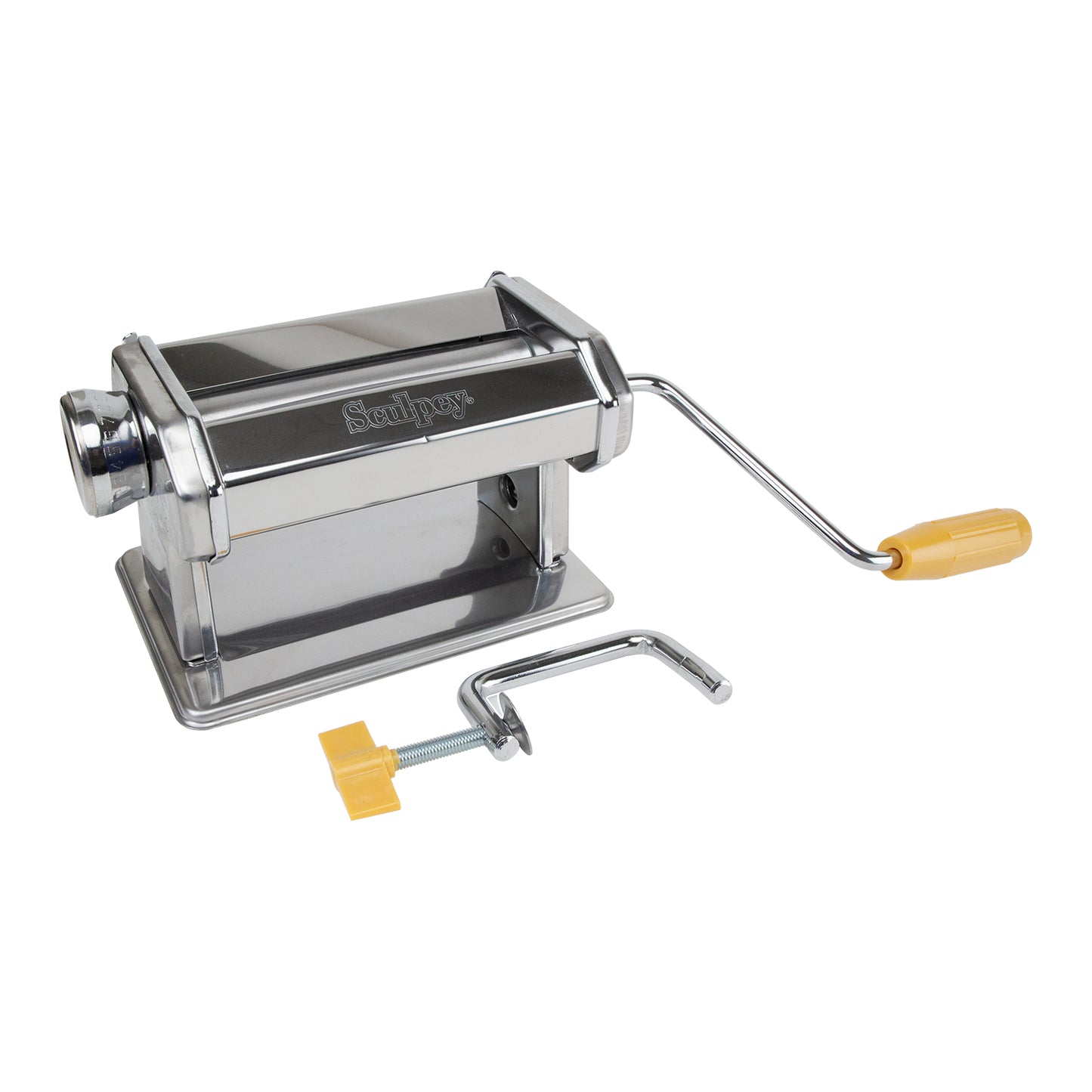 Sculpey Polymer Clay Conditioning Machine
The Sculpey Clay Conditioning Machine is perfect for use with oven-bake clay for improving pliability, creating flat sheets, or making different thicknesses to use with cutters — for caning, creating color blends, or adding texture.
Features of the Sculpey Clay Conditioning Machine include 9 thickness settings, non-skid feet, and a C-clamp, plus corrosion-resistant, non-plated stainless steel rollers (for smoother rolling), and a durable, high-quality ke