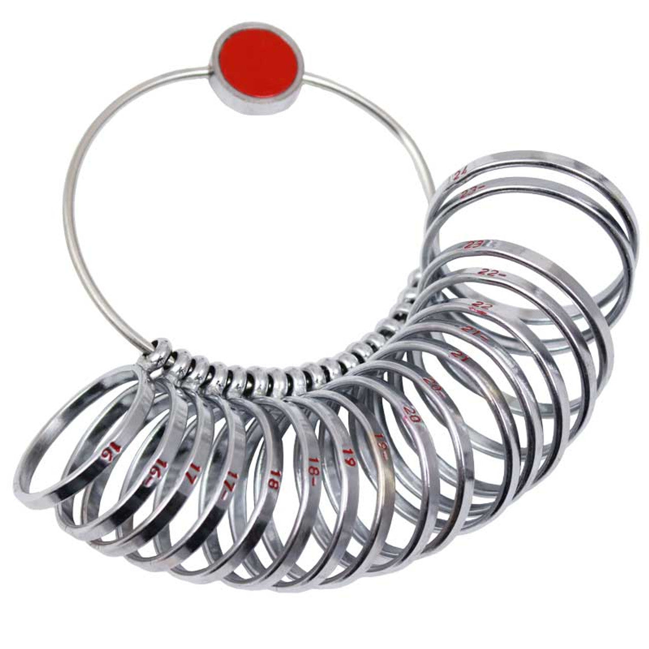 Super Jumbo Finger Gauge You would be surprised at how many guys out there have a hard time finding the right size ring. We've been getting requests for larger gauges for some time now. So here they are made of nickel-plated brass and stamped with red numbers for easy reading. Made of nickel-plated brass Gauge Sizes 16 - 24 17 Jumbo rings