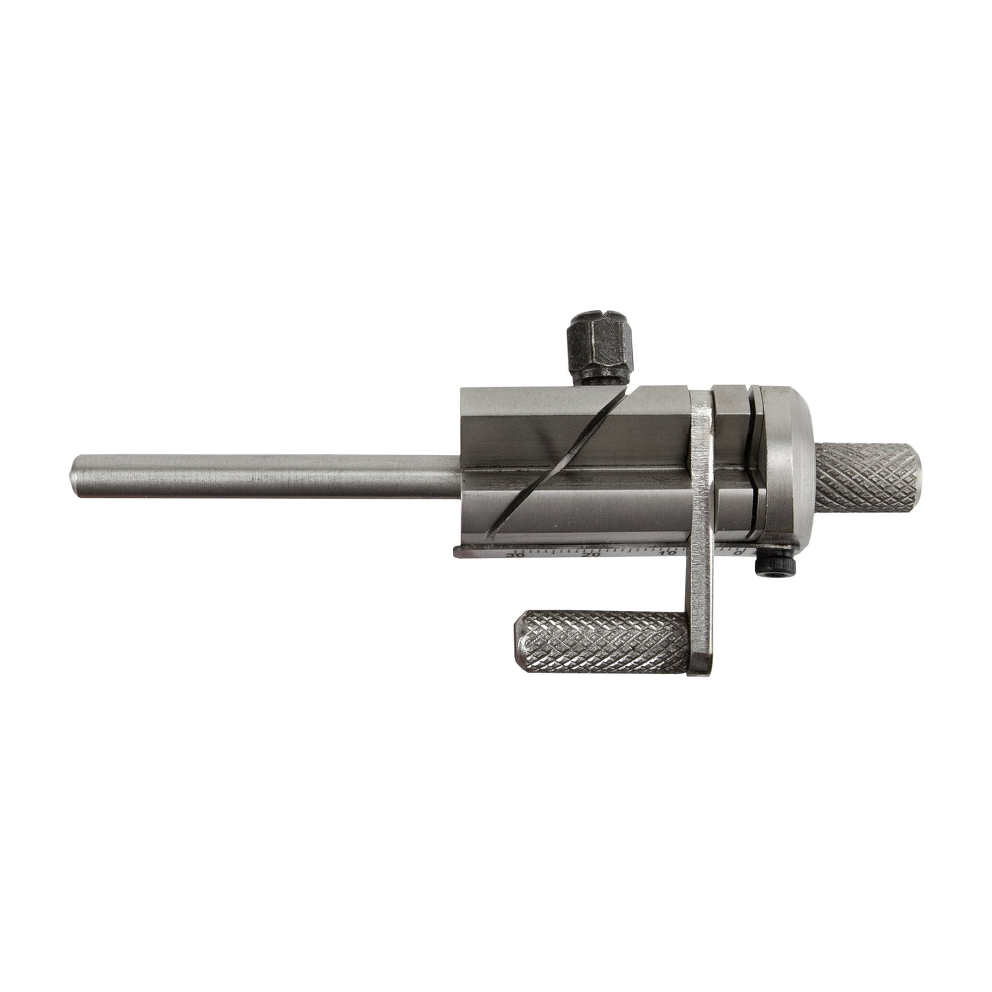 Premium Hand Held Tube Cutting Jig
Used to hold tubing or rods up to 1/8" diameter while making perfectly straight cuts. Also offers a 45° angle optional cut. Make equal cuts with the graduated scale on the side that ranges from 0 to 30mm. Overall height is 5".