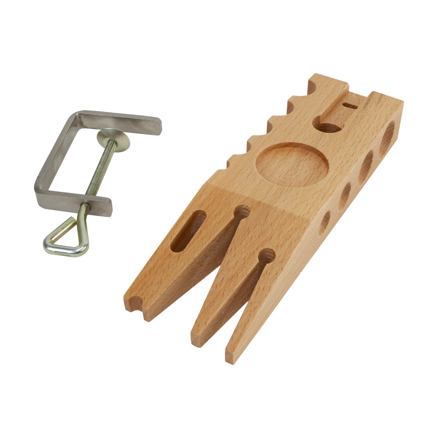 Multi-Function, Double Sided Bench Pin with Clamp
A reversible bench pin with a swage block and dapping depressions. Comes with a C-Clamp with a maximum opening of 1.75."