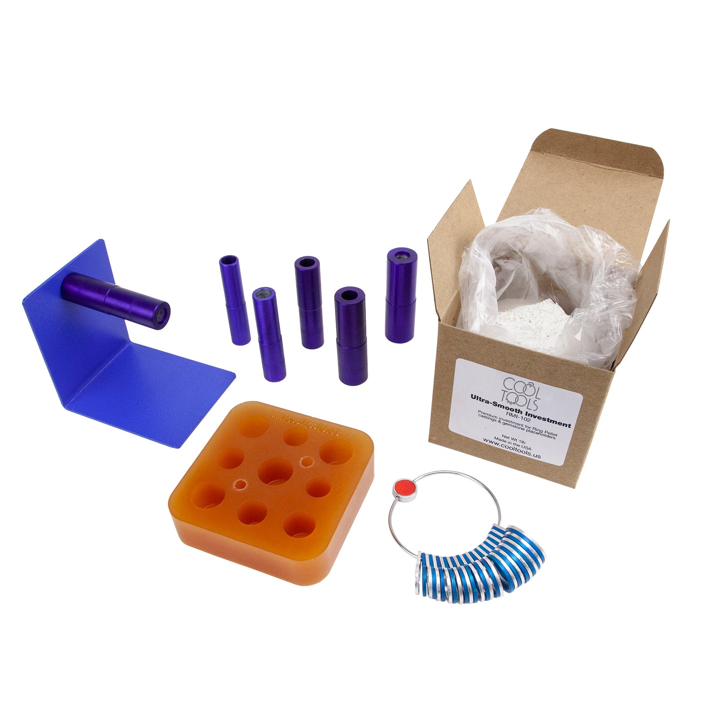Our Ring Forming & Sizing Kit contains all the essential tools you need to form and size rings. Choose whole or half sizes and be on your way to gorgeous rings. The Ring Forming & Sizing Kit includes: A Multi-Mandrel stand, set of mandrels in sizes 4 through 15, Plastic Ring Style Finger Gauge, Metal Clay Ring Sizer Mold, 1lb of Ultra-Smooth investment (which makes about 80 Ring Sizers Pellets), and instructions.