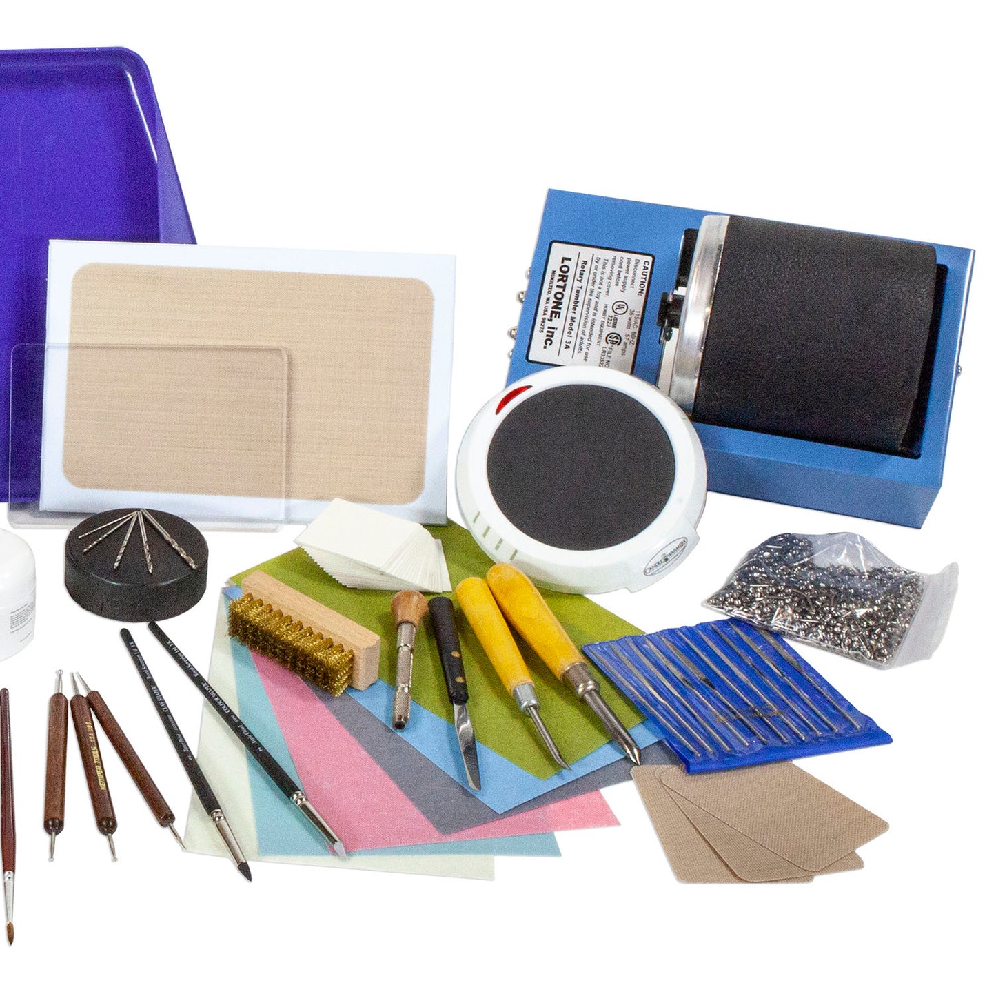 Deluxe Metal Clay Starter Tool Kit:
Metal Clay Hot Plate - Large
Curved Burnisher - Wide
Curved Burnisher - Slim
Ball Burnisher - Small
Ball Burnisher - Medium
Ball Burnisher - Large
Scratch Brush - Brass - Buff Style
Lortone® Tumbler - 3lb Rotary 120V (US)
Stainless Steel Shot - 1lb
Cool Tools Clay Thickness Rolling Frame Set - #2, #3, #4, #5, #6, #8
Gray Wonder Roller - 11"
Tissue Blade - Flexible
Ultra Clay Pick
Bench Block - Rubber
Dormer Twist Drill - 1mm
Dormer Twist Drill - 1.5mm
Dormer Twist Drill -
