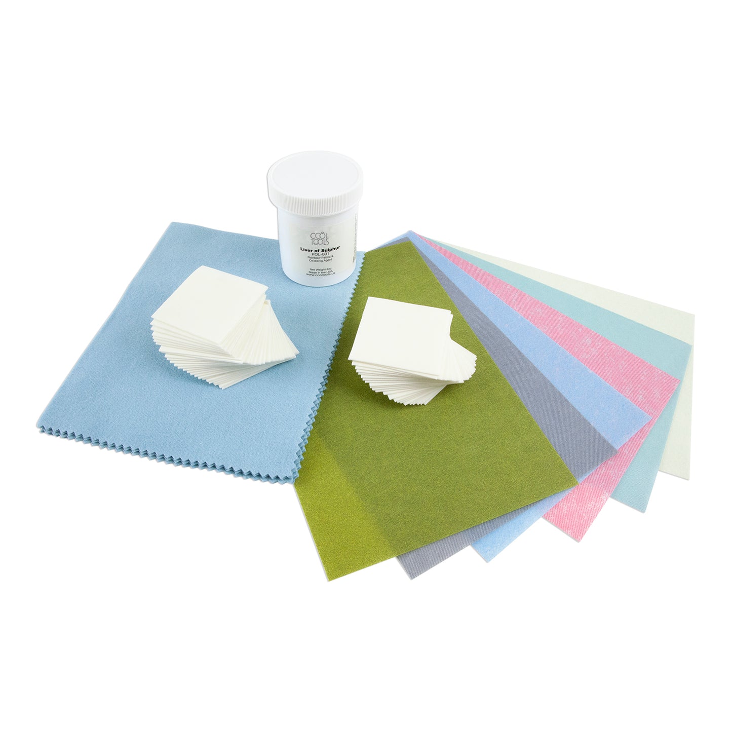 Metal Clay Polishing & Patina Kit - Liver of Sulphur 3M Polishing papers 1 sheet each: 400 grit (green) 600 grit (grey) 1200 grit (blue) 4000 grit (pink) 6000 grit (mint) 8000 grit (pale green) Anti-tarnish Polishing Cloth 4oz Fresh Liver of Sulphur Shine Rite Polishing Pads - Pkg/50