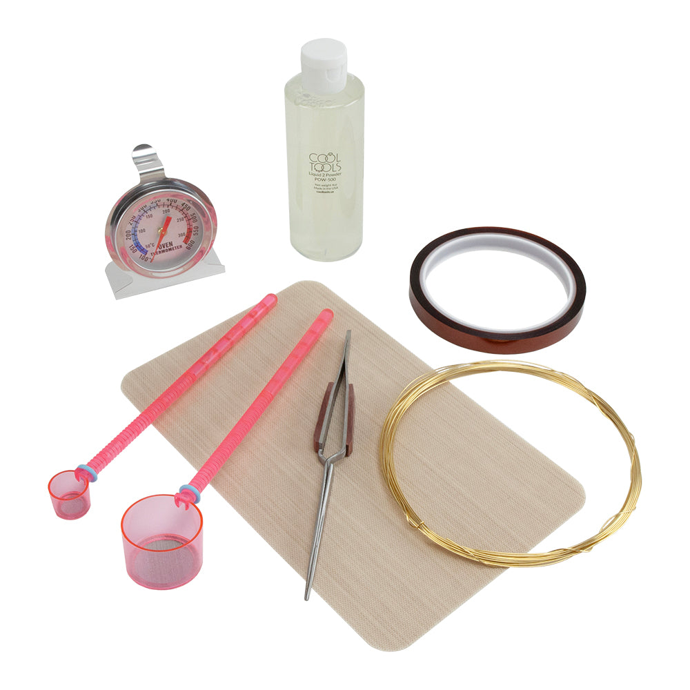 Powder Coating Basic Accessories Kit This kit includes the basic accessories for working with powder coatings. Dip, sift or paint powder coatings with Liquid 2 Powder! This kit includes: Liquid 2 Powder - 4 oz 2 - 80 mesh sifters - 1-1/4" and 1/2" 25 feet of 22 gauge bronze wire for hanging dipped pieces in the toaster oven Fibergrip cross lock tweezers Stainless steel oven thermometer High temperature heat resistant tape 5" x 8" non-stick sheet safe up to 500°F
