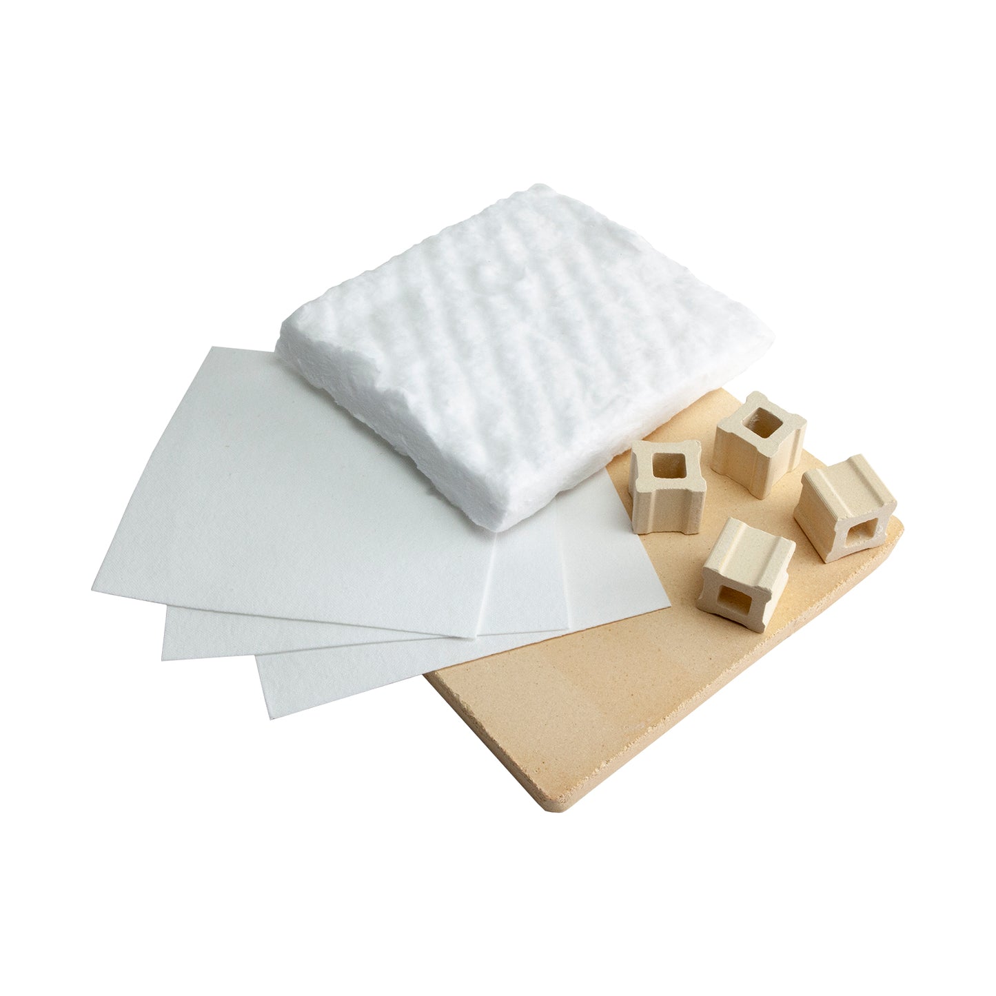 Kiln Firing Essentials Kit This kit includes the basic kiln furniture and supplies for silver clay firing. Items included are a 7" x 7" x 1/2" hard ceramic kiln shelf, a set of 4 1" high kiln posts, a 6" x 6" x 1" fiber blanket, and a package of 3 pieces of 3/32" Thinfire paper.