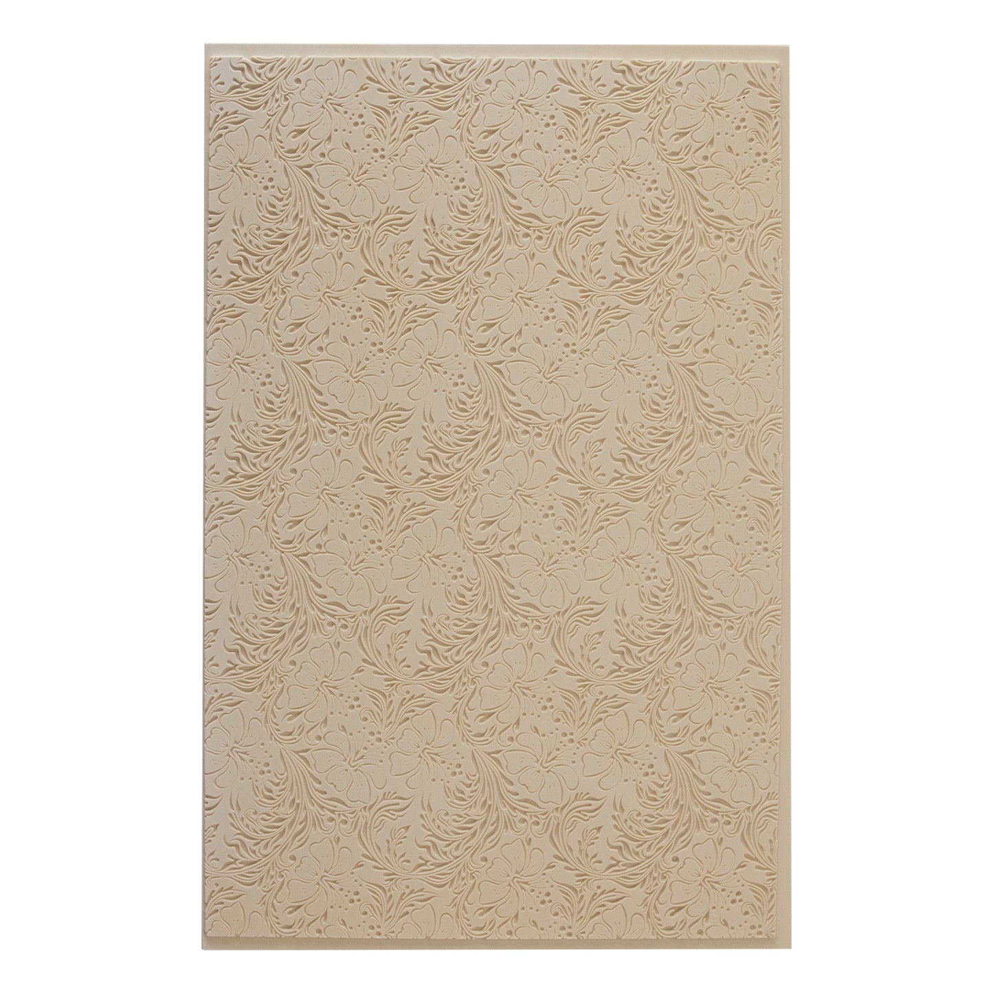 Mega Texture Tile - Hibiscus Embossed. Use to impress texture in soft clays. Mega Texture Tiles are perfect for projects both large and small. Mega Tiles measure 9-1/4" x 6" and are about 7 times larger than Texture Tiles. These textures are flexible, washable and can be used with any soft clay.