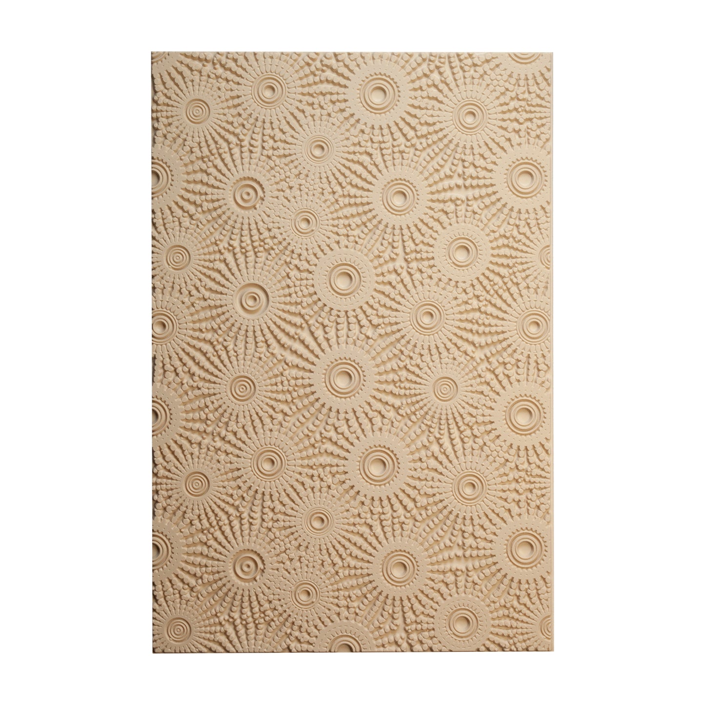 Mega Texture Tile - Sun Spots. Use to impress texture in soft clays. Mega Texture Tiles are perfect for projects both large and small. Mega Tiles measure 9-1/4" x 6" and are about 7 times larger than Texture Tiles. These textures are flexible, washable and can be used with any soft clay.