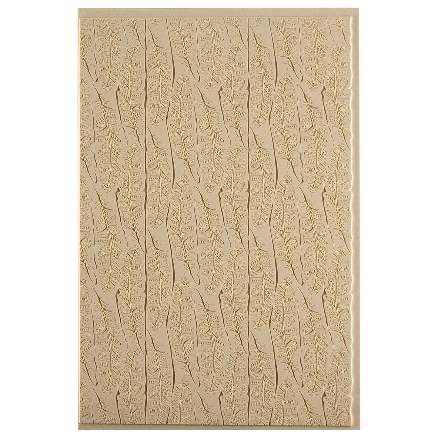 Mega Texture Tile - Tribal Feather Fineline. Use to impress texture in soft clays. Mega Texture Tiles are perfect for projects both large and small. Mega Tiles measure 9-1/4" x 6" and are about 7 times larger than Texture Tiles. These textures are flexible, washable and can be used with any soft clay.