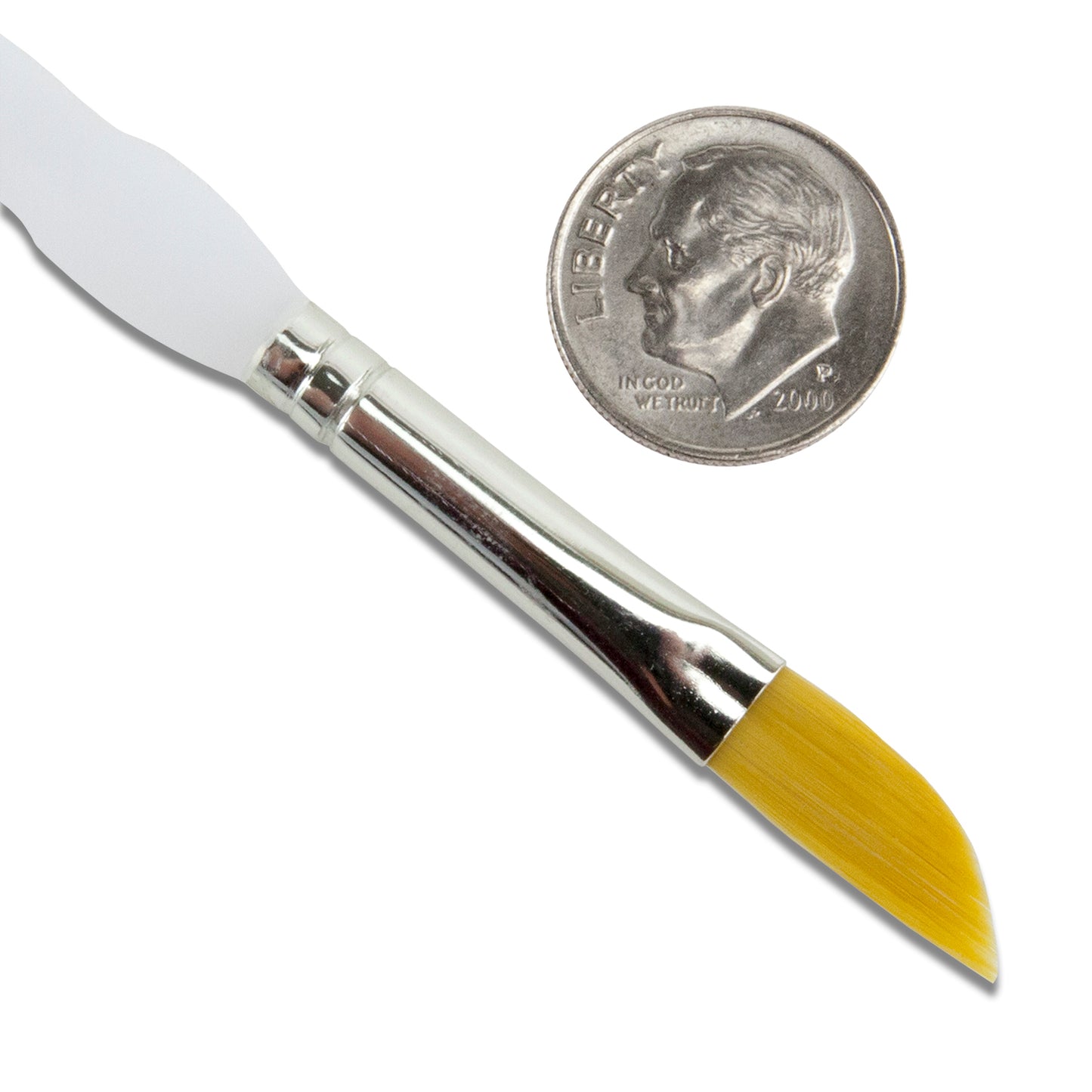 Royal Soft-Grip™ Taklon Brush Angled 1/4"
with dime
Comfort meets function in this selection of appealing and durable brushes that feature the original no-slip soft rubber grip on it's clear acrylic handle. The multi-diameter synthetic filament maintains fine points, spring and sharp edges. Royal brushes are easy to manipulate making this perfect for working with we metal clay or applying patina, alcohol ink, paints, etc. Angle brush works great in small gaps and spaces.