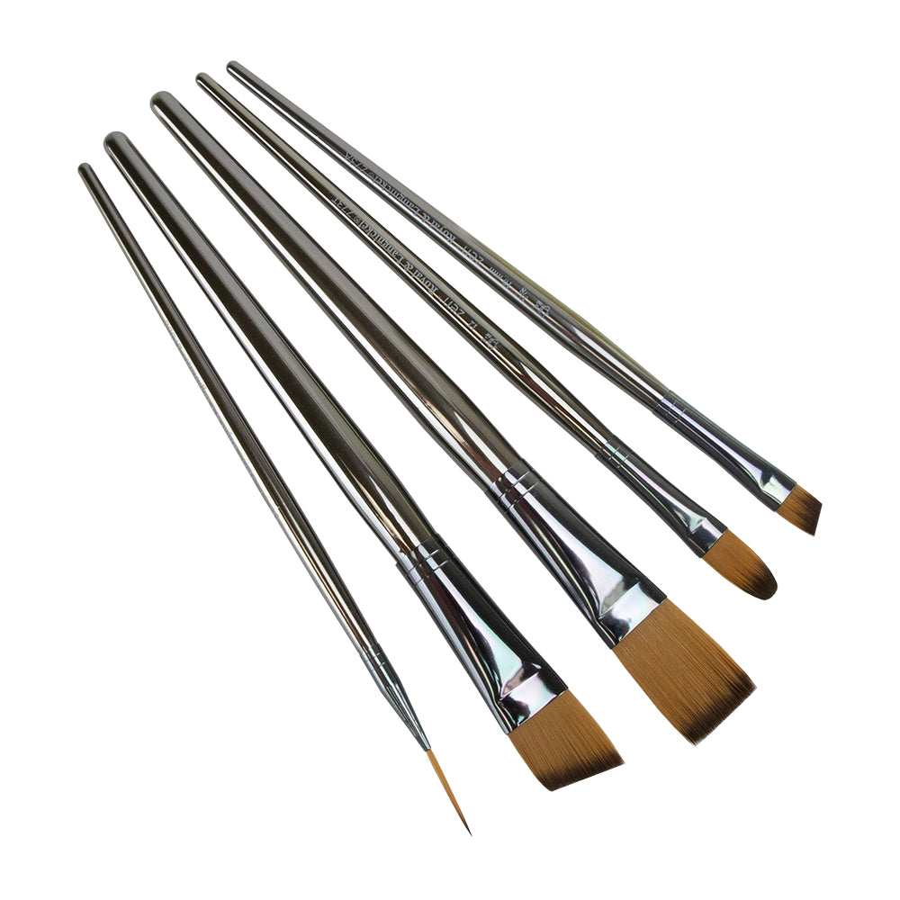 Zen™ Flat Assorted 5 Piece Brush Set Zen Series 43 is comprised of multi-diameter synthetic filaments designed to replicate natural hair and is ideal for all paint media types. They offer optimal absorbency and versatility, while requiring minimal maintenance. Their resilient synthetic hair maintains spring and fine points. The ultra-metallic, silver ABS handles can soak in water without swelling, cracking or chipping. Set of 5 brushes: Flat #12 Filbert #8 Angular #2 Angular #8 Round #1