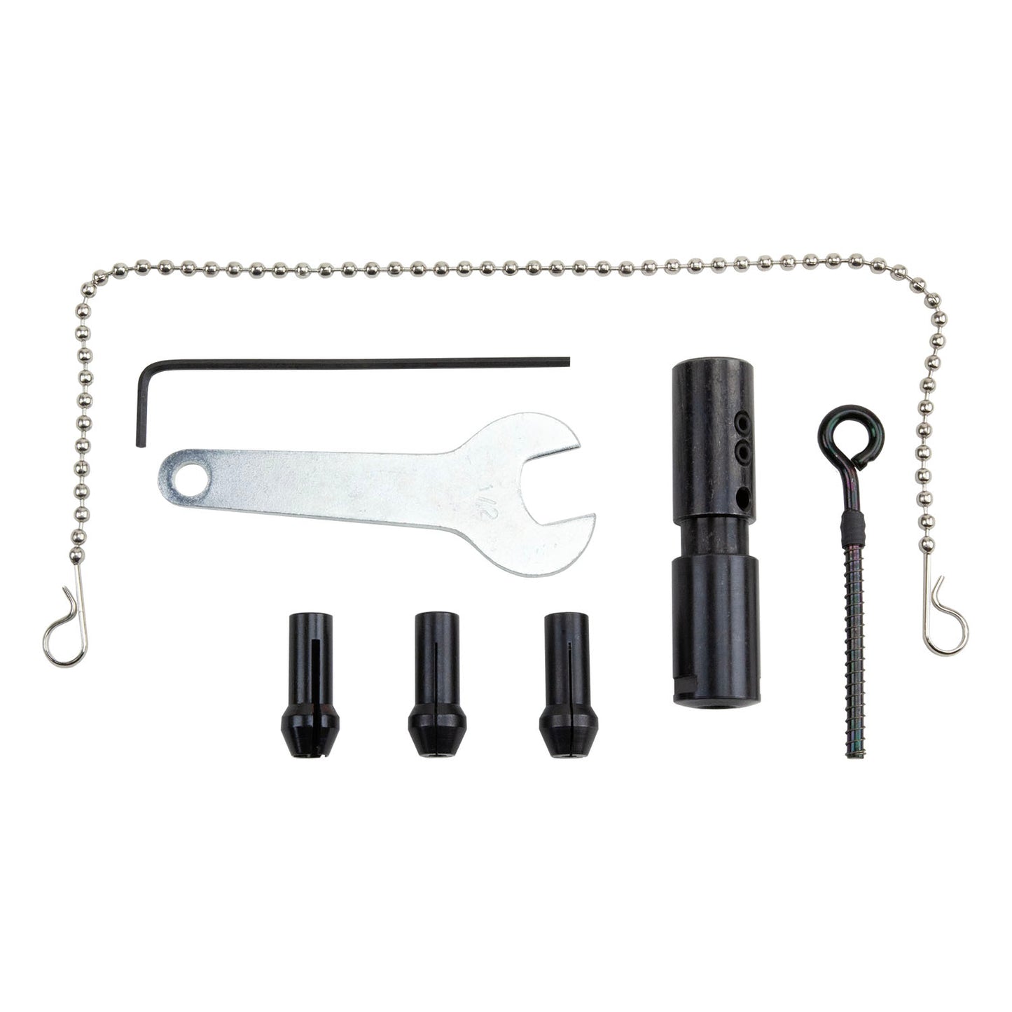 Collet Holder is Right Side Specific. Fits current lathes with 5/16″ motor shafts (2002 or newer). Comes with three collets for holding accessories with 1/4″, 1/8″, and 3/32″ shanks. Also includes allen key, pin and wrench for mounting various size shank mandrels, sanding drums, etc.