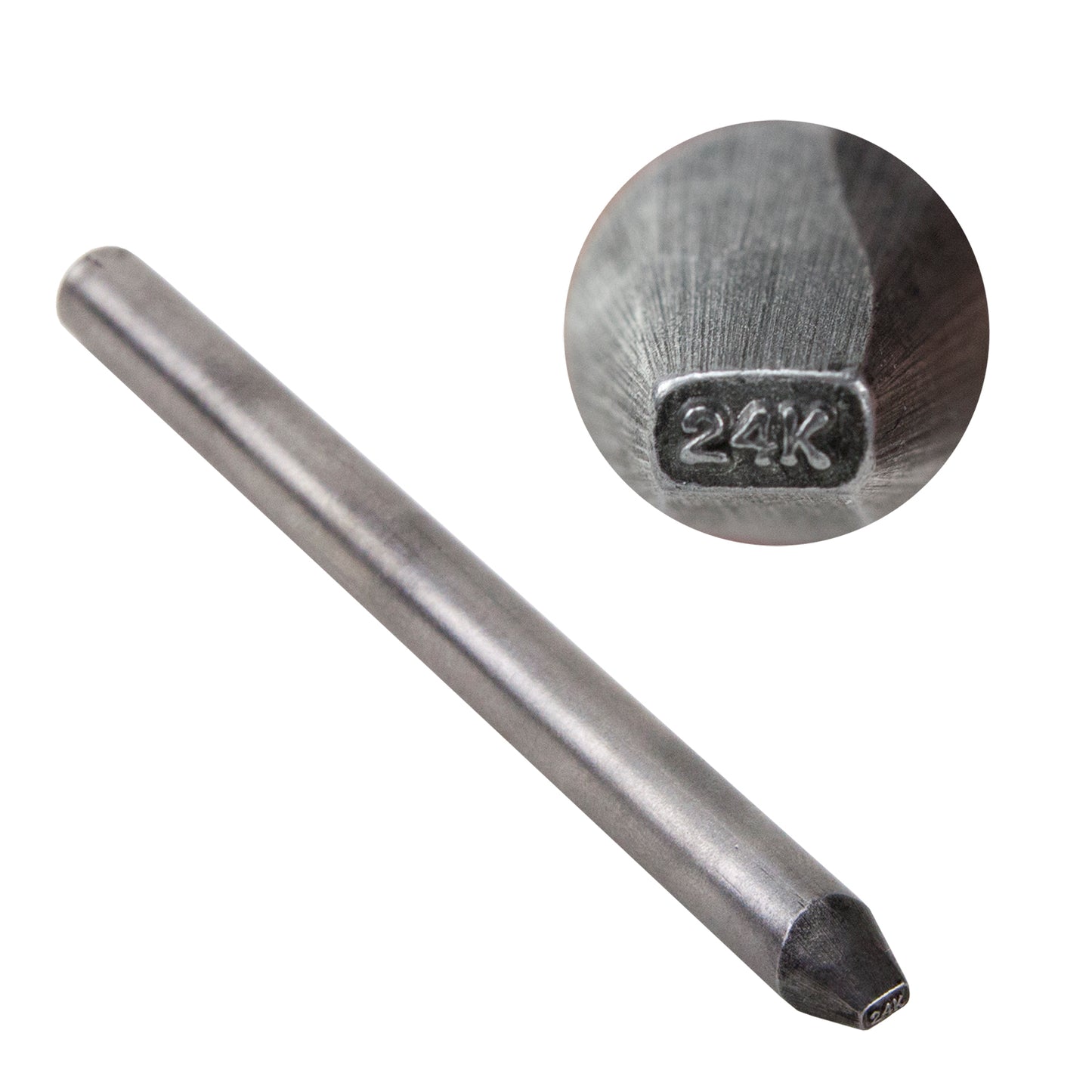Quality Stamp - 24K - Straight 3mm 3-1/2" long 24K quality marking stamp. A "quality mark" is the little number or letters that are stamped into an article made of precious metal to indicate what metal and purity the item is made of. By law, this 24K stamp can only be used to mark an item that is made from completely of 24K gold. Do not use this stamp to mark items coated with 24K gold paints.