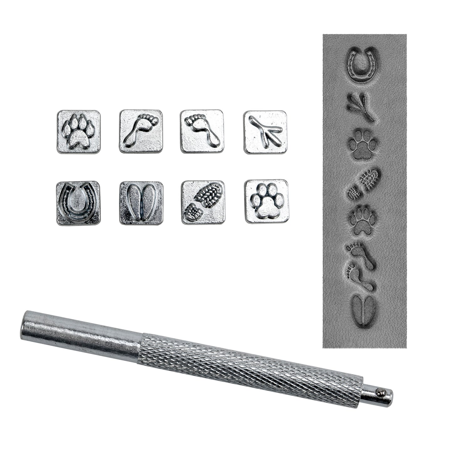 Mini Stamp Set - Tracks
While designed for leather stamping, these work great for metal clay.
These stamp sets are popular and fun designs for personalizing your projects. Each set includes 8 quality stamping tool heads and 1 handle. All stamping heads are 10mm square and stamping handle is 3-1/2" long. Heads are easily interchangeable for quick changes between designs.
