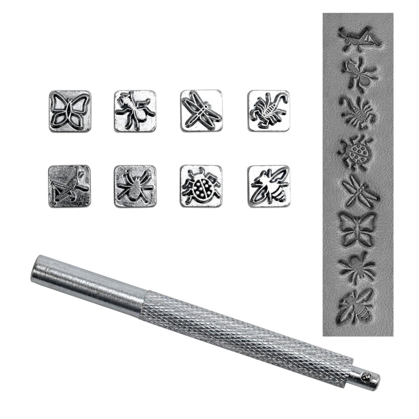 Mini Stamp Set - Bugs
While designed for leather stamping, these work great for metal clay.
These stamp sets are popular and fun designs for personalizing your projects. Each set includes 8 quality stamping tool heads and 1 handle. All stamping heads are 10mm square and stamping handle is 3-1/2" long. Heads are easily interchangeable for quick changes between designs.
