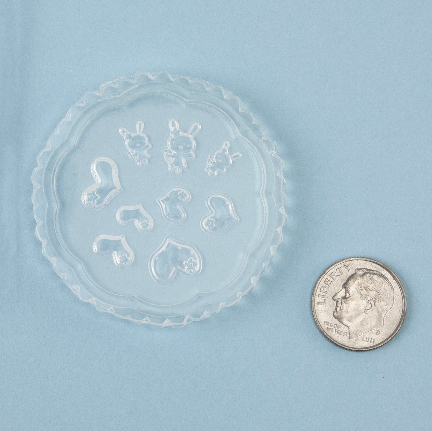 Mini Silicone Jewelry Mold - Bunnies & Hearts with dime