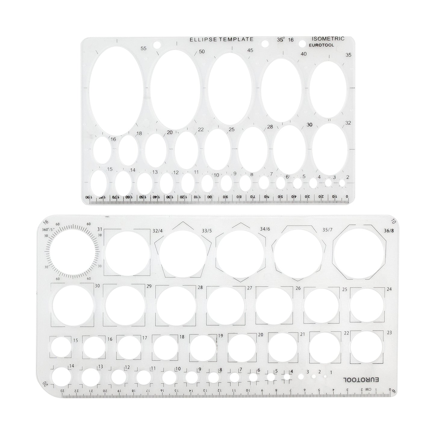 clear plastic Circle and Oval Template Set
Two piece template set has 36 circles from 1mm to 36mm and 27 ovals from 2mm to 50mm. Ideal for metal working and other jewelry making applications. 36 circles: 1mm-36mm; 27 ovals: 2mm-50mm