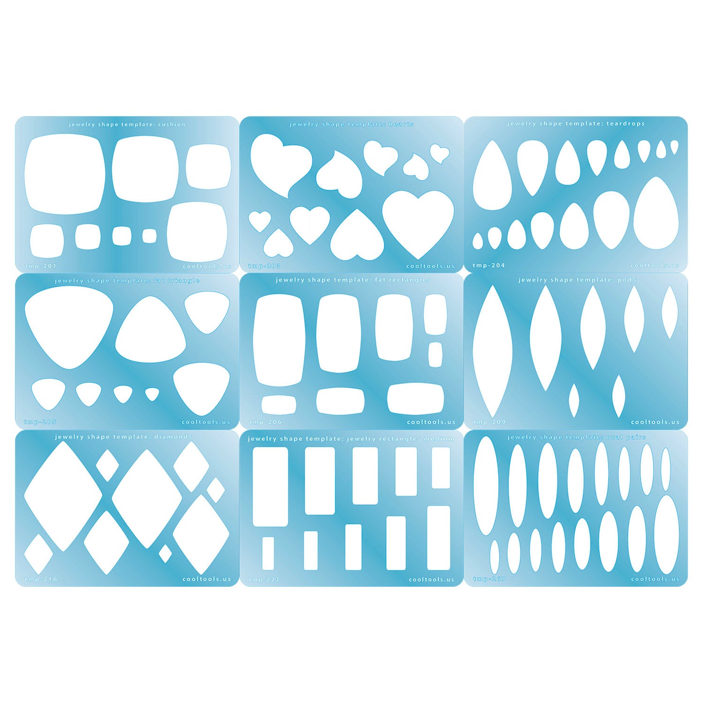 Basic Shapes Template Bundle - pk/9
Our special surface makes it easy to find these templates on your workbench, but allows clarity for positioning.
Shapes included:
Cushion
Hearts
Teardrops
Fat Triangles
Fat Rectangles
Pods
Diamond
Medium Jewelry Rectangles
Oval Pairs