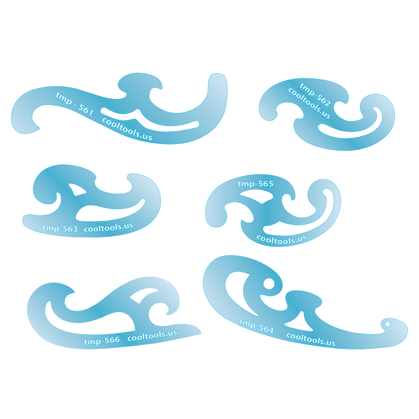 set of 6 Blue plastic Jewelry Shape Template - Mini French Curves Our special surface makes it easy to find these templates on your workbench, but allows clarity for positioning. Use smaller shapes for embossing or enamel stencils.