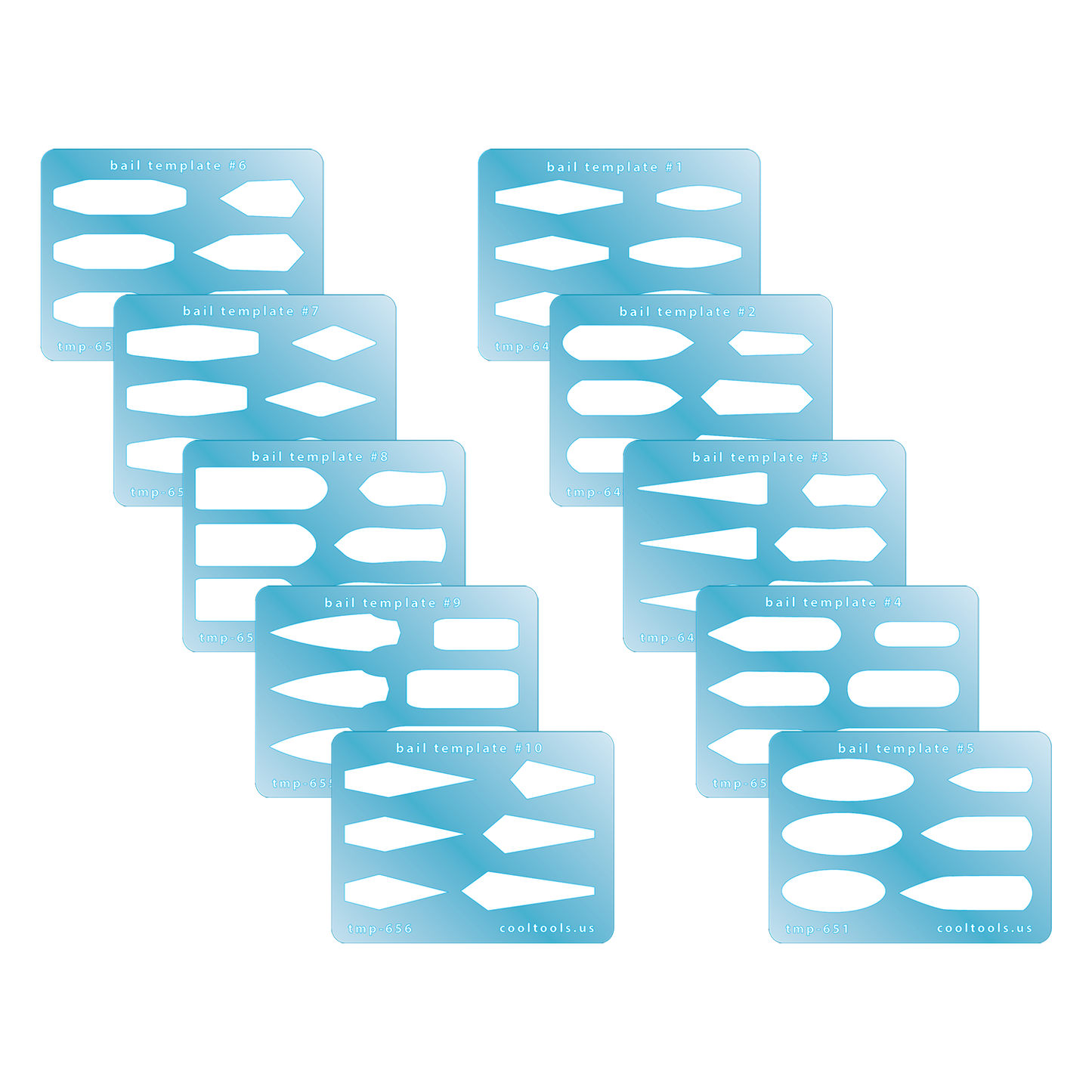 blue plastic Bail Templates - Set of 10
Bail Templates provide a quick and easy way to add your favorite shaped bail to any project. These handy templates are mini sized, measuring 2-1/4'' x 3''.
Includes 6 shapes on each template.