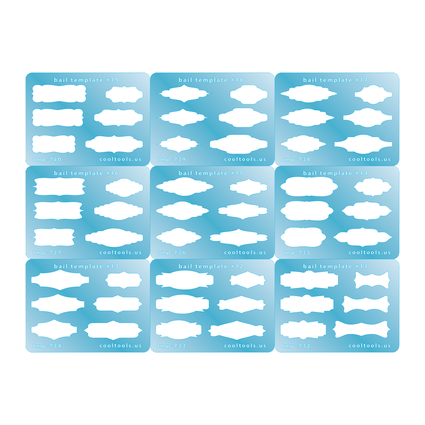 Blue plastic Jewelry Shape Template - Organic Shape 1 Includes 6 shapes. Sizes are from 19mm to 46mm. Our special surface makes it easy to find these templates on your workbench, but allows clarity for positioning.