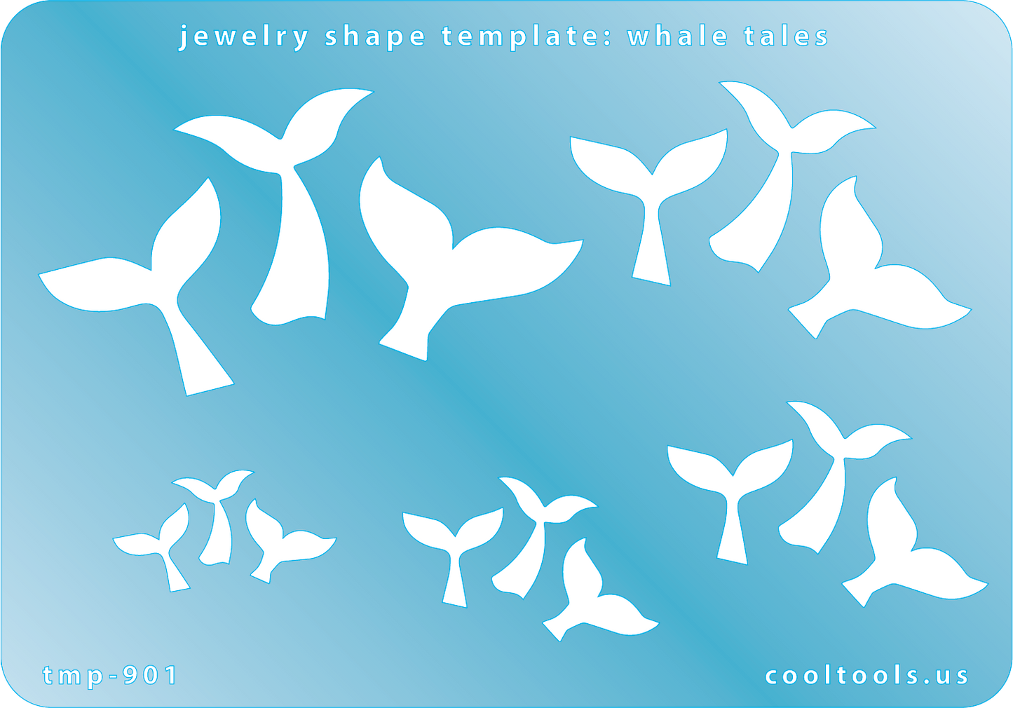 Blue plastic Jewelry Shape Template - Whale Tales Includes 3 designs in 5 graduated sizes. Sizes are from 13.5mm to 30mm. Our special surface makes it easy to find these templates on your workbench, but allows clarity for positioning.