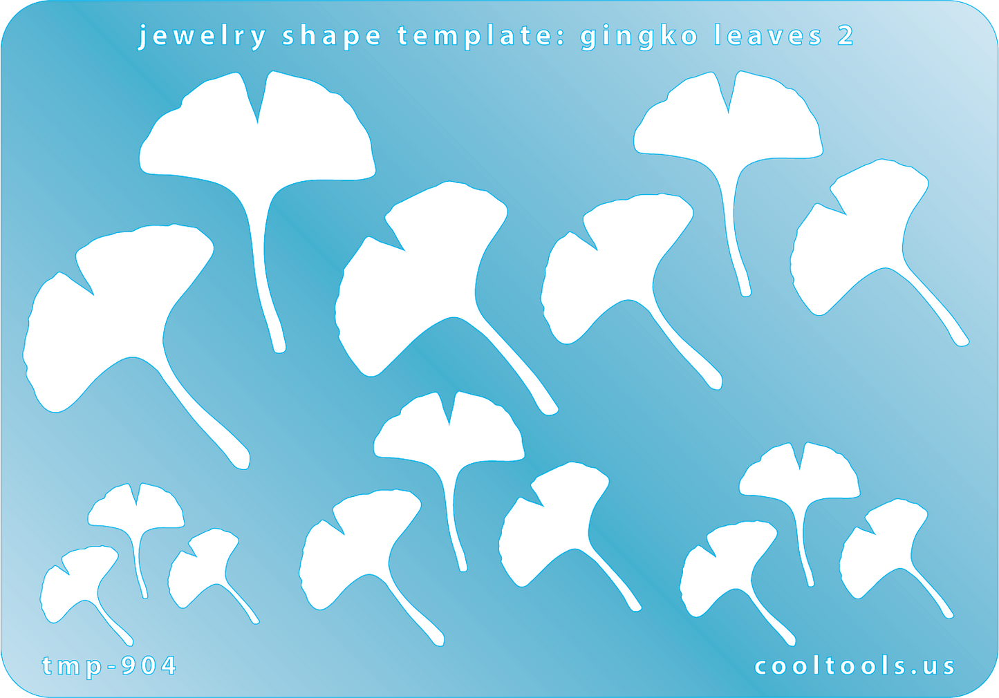 Blue plastic Jewelry Shape Template - Gingko Leaves 2 Includes 3 designs in 5 graduated sizes. Sizes are from 14.5mm to 40mm. Our special surface makes it easy to find these templates on your workbench, but allows clarity for positioning.