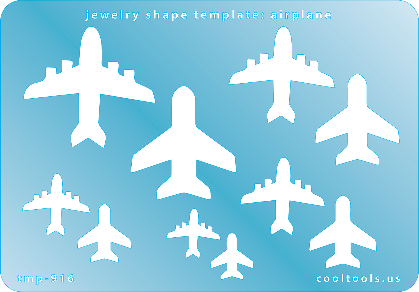 Blue plastic Jewelry Shape Template - Airplane Includes 2 designs in 5 graduated sizes. Sizes are from 15.5mm to 42mm. Our special surface makes it easy to find these templates on your workbench, but allows clarity for positioning.