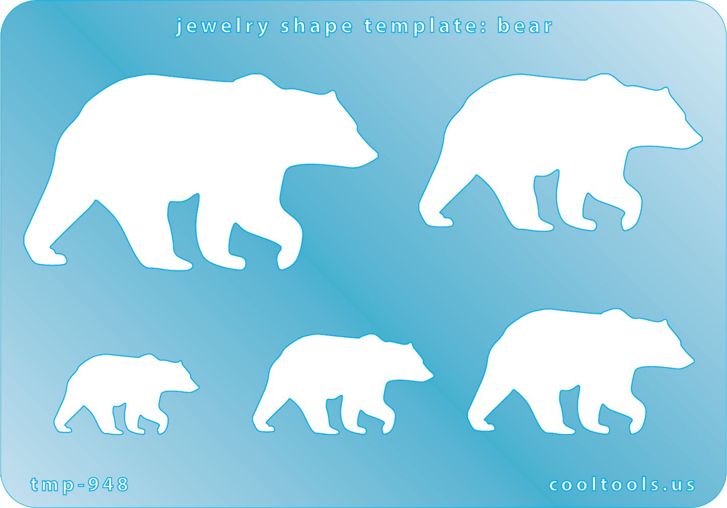 blue plastic
Jewelry Shape Template - Bear
Includes 1 design in 5 graduated sizes. Sizes are from 25mm to 36mm.
Our special surface makes it easy to find these templates on your workbench, but allows clarity for positioning.