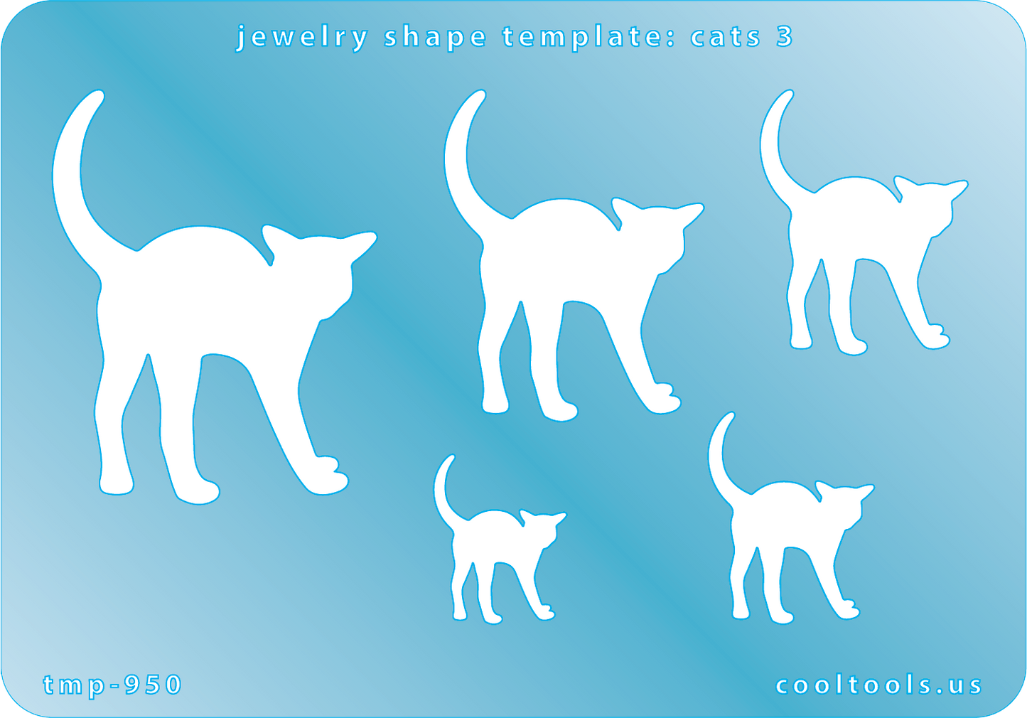blue plastic Jewelry Shape Template - Cats 3
Includes 1 design in 5 graduated sizes. Sizes are from 22mm to 57mm.
Our special surface makes it easy to find these templates on your workbench, but allows clarity for positioning.