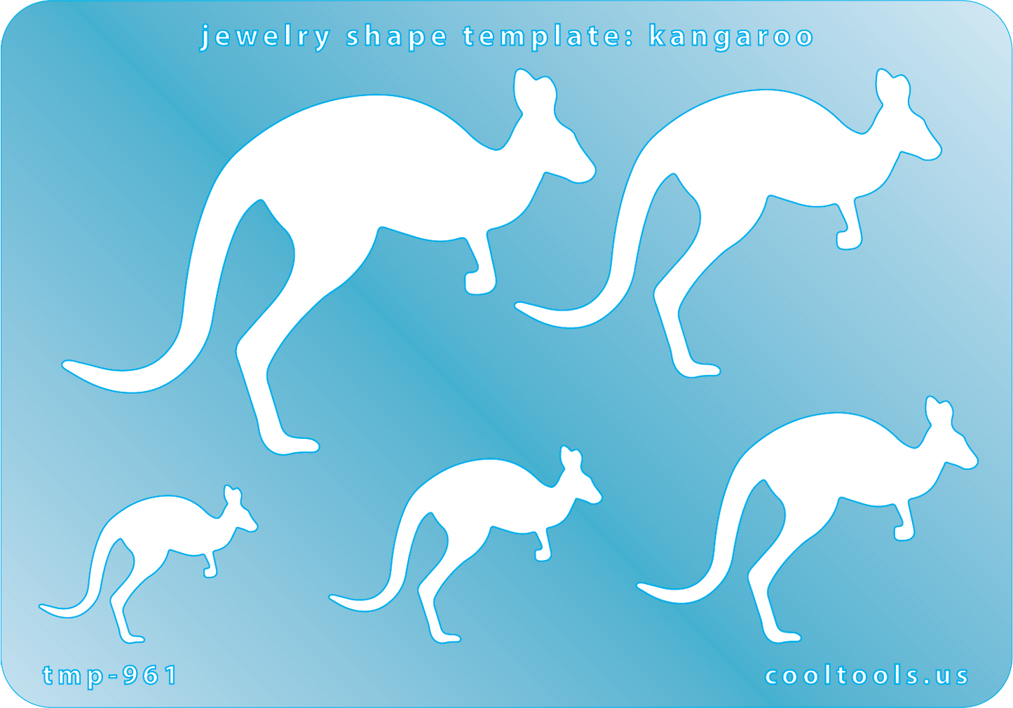 blue plastic Jewelry Shape Template - Kangaroo
Includes 1 design in 5 graduated sizes. Sizes are from 28mm to 62mm.
Our special surface makes it easy to find these templates on your workbench, but allows clarity for positioning.