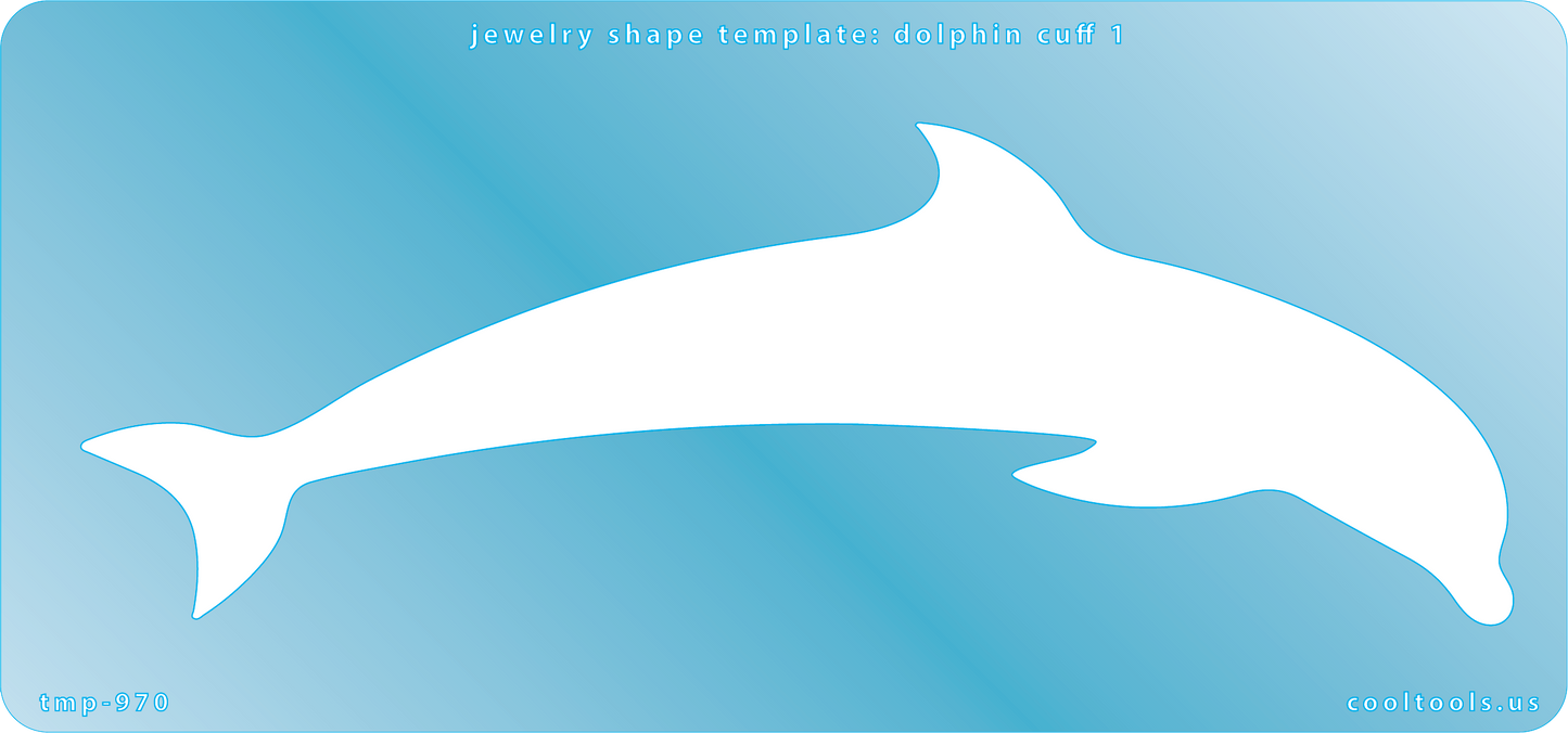 blue plastic Jewelry Shape Template - Dolphin 1 Cuff
Size is 7.5 inches wide
Our special surface makes it easy to find these templates on your workbench, but allows clarity for positioning.