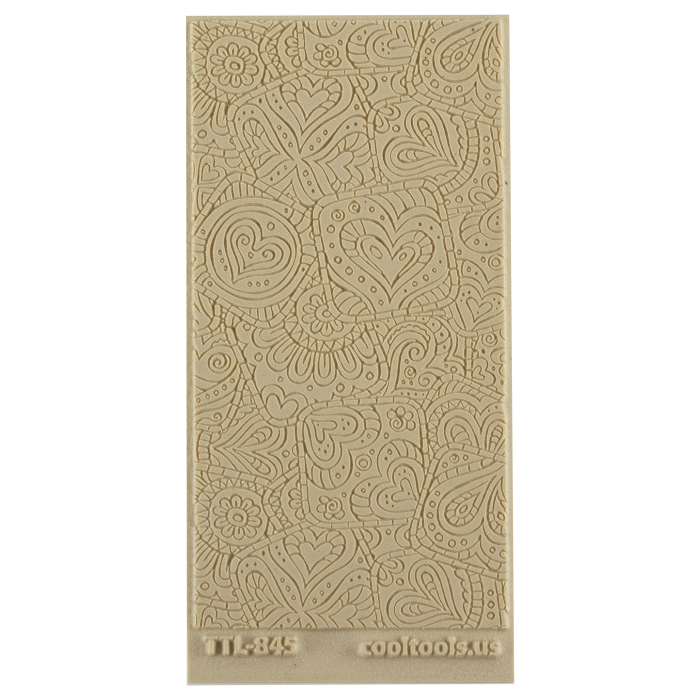 Texture Tile - Doodling Hearts Fineline. Beige Texture Tiles are flexible, washable and can be used with any soft clay. Spritz with CoolSlip or dust on Dry Powder Release for stick-free impressions when using metal clay and polymer clay.