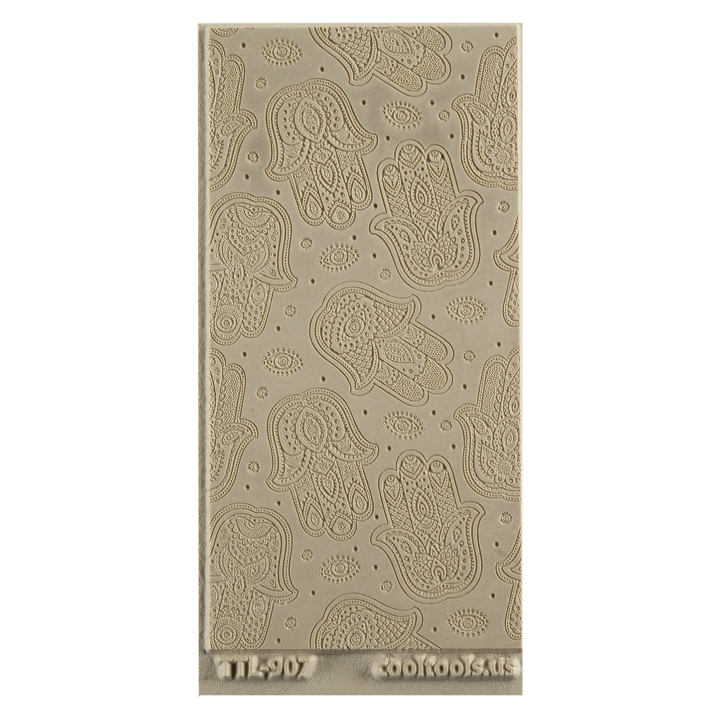 Texture Tile - Hamsas Embossed. Beige Texture Tiles are flexible, washable and can be used with any soft clay. Spritz with CoolSlip or dust on Dry Powder Release for stick-free impressions when using metal clay and polymer clay.